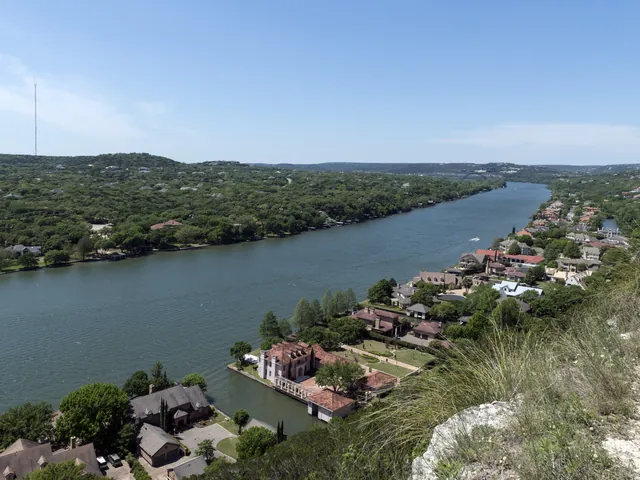 Lake Austin and wooded hills seen from Mount Bonnell